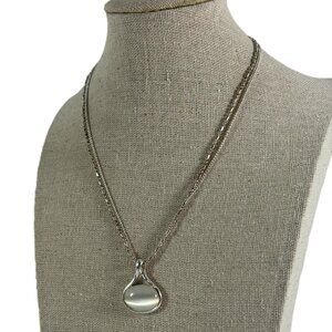 Silver Tone Necklace Double Strand Chains Cats Eye Pendant Oval 15"-19"